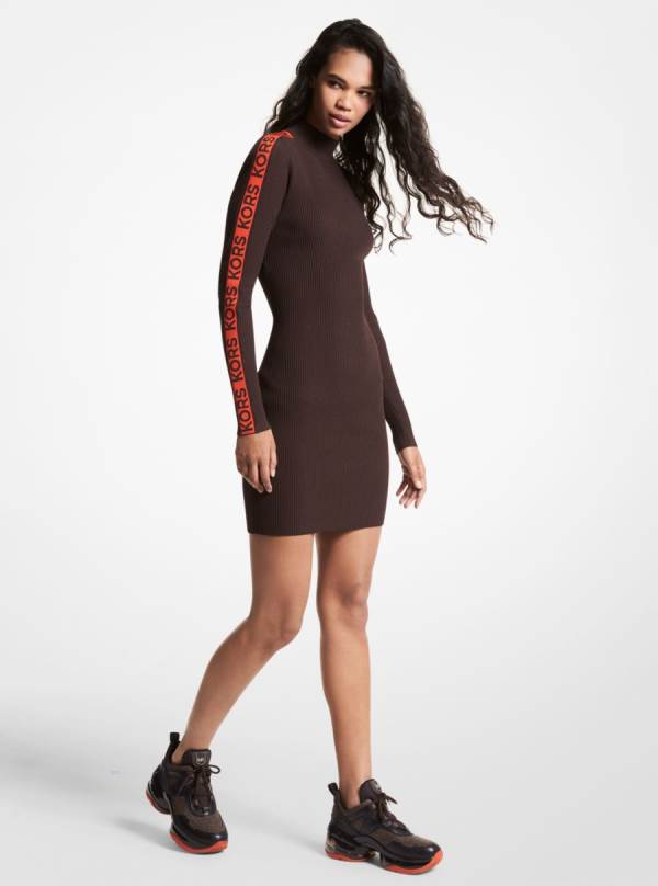 Damske Saty Michael Kors Logo Tape Ribbed Stretch Viscose Turtleneck Sweater Čokoláda - Oblecenie Michael Kors Outlet | WOQIA-5671